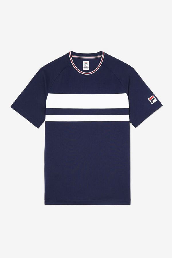 Camisetas Manga Corta Fila Hombre Azul Marino - Double Stripe Sleeve Tennis - España 936745EHF